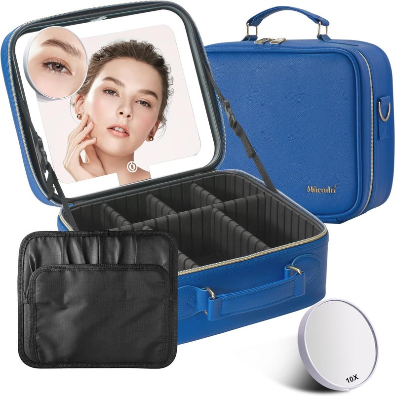 Mocado Travel Makeup Bag with LED Lighted Mirror,Travel Makeup Organizer,Makeup Case with 3 Color Lighted Setting and 10x Magnifying Mirror,Portable Storage and Adjustable Dividers Makeup Box(Blue) - Image 1