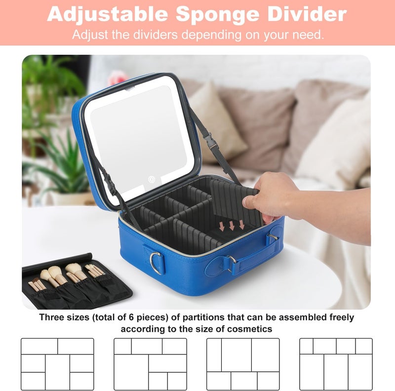 Mocado Travel Makeup Bag with LED Lighted Mirror,Travel Makeup Organizer,Makeup Case with 3 Color Lighted Setting and 10x Magnifying Mirror,Portable Storage and Adjustable Dividers Makeup Box(Blue) - Image 5