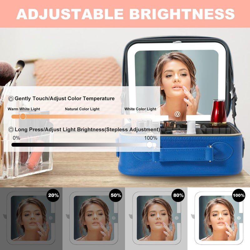 Mocado Travel Makeup Bag with LED Lighted Mirror,Travel Makeup Organizer,Makeup Case with 3 Color Lighted Setting and 10x Magnifying Mirror,Portable Storage and Adjustable Dividers Makeup Box(Blue) - Image 4