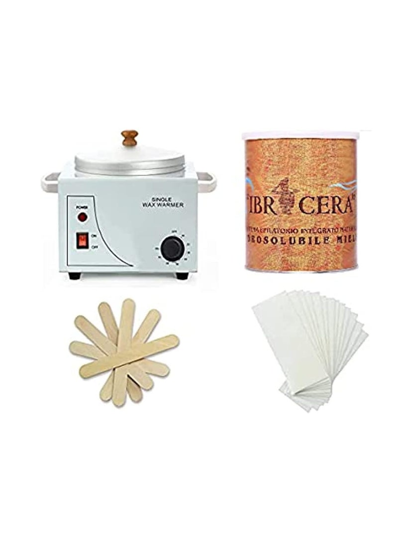BLOOMING TIME Waxing Kit with Single Wax Heater 600ml Dark Honey Wax 100 Pcs Wax Paper Strip and 10 Pcs Wood Spatula - Image 1