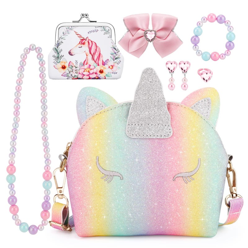 JYPS JYPS 7PCS Toddler Purse for Girl  Girls Wallet with Pretend Play Toys  Princess Toys with Kids Dress Up Jewelry Set (Rainbow Unicorn)  - Image 1