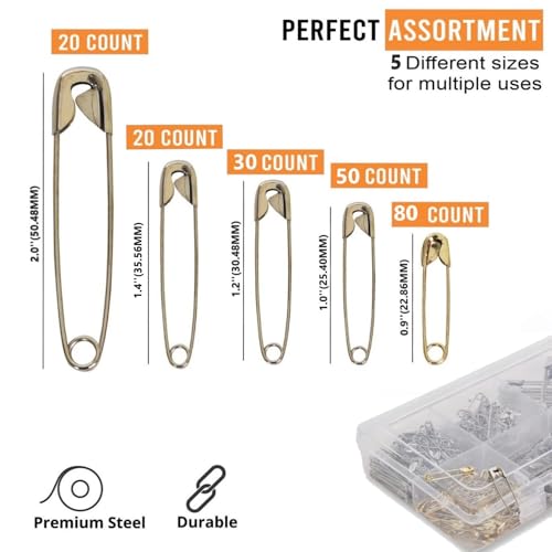 Aqbah Pack of 200 Safety Pins Assorted, Pins for Saree, Clothes, 5 Sizes from Small to Large Safety pins for Multi-Purpose use, Heavy Duty Variety Pack - Image 2