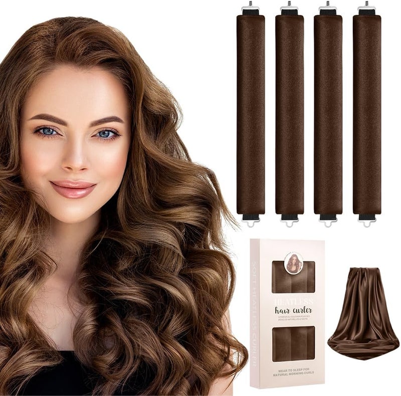 LOPHE 4 Pcs Heatless Hair Curler Heatless Curls Blowout Rods Headband with Hair Scarf Overnight Soft Hair Roller Rods with Hook Long Hair Styling Tools for Women Gift Brown