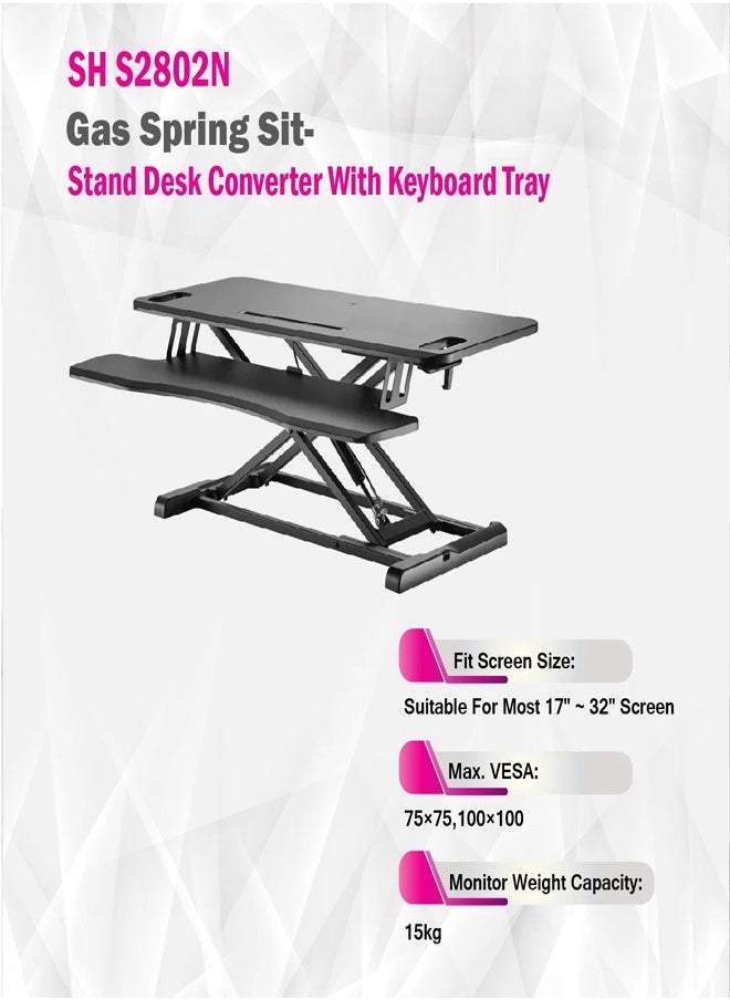 Skill Tech SHS28 02N Gas Spring Sit-Stand Desk Converter with Keyboard Tray Deck, VESA 100x100, 15kg Load Capacity – Black  - Image 4