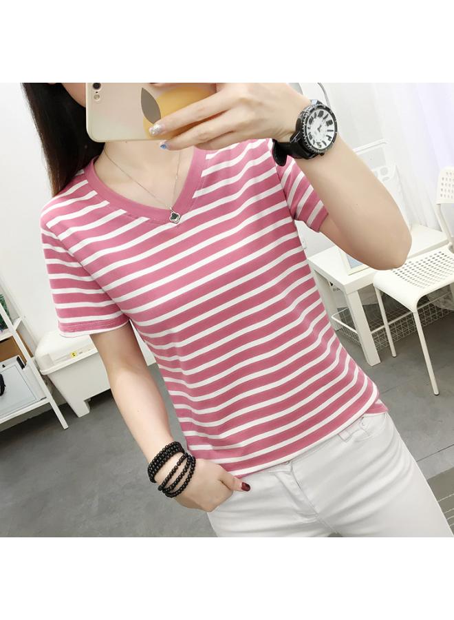 Song Feng Ya Middle-aged Mom's Striped Short-sleeved T-shirt Women's Summer Clothes Large Size Loose Cotton T-shirt Stylist Half-sleeved V-neck Top 