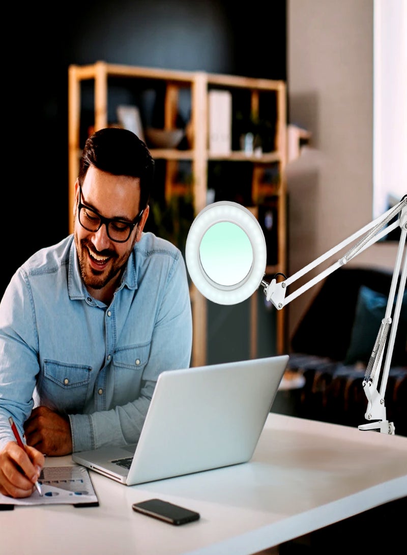 مصباح طاولة مرن بمشبك مع مكبر 8x وذراع متأرجح ومصابيح LED قابلة للتعتيم وإضاءة مكتبية بثلاثة أوضاع ألوان و10 مستويات سطوع للقراءة والعمل والدراسة - Image 5