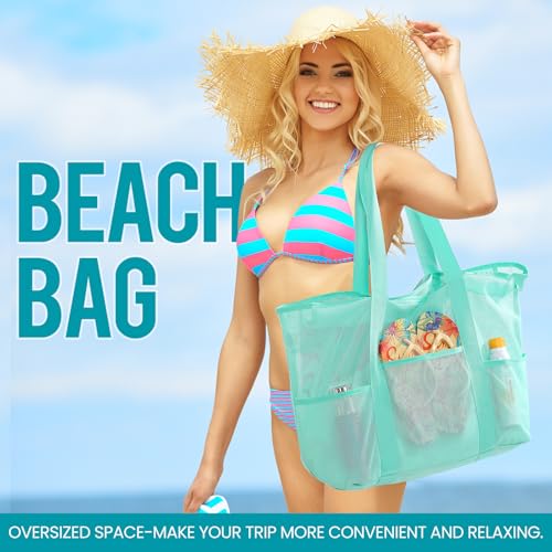 coclothy Mesh Beach Bag Large Tote with Zipper Beach Bags for Women Waterproof Sandproof with 5 Pockets - Image 3