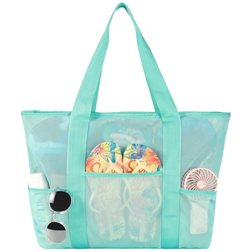 coclothy Mesh Beach Bag Large Tote with Zipper Beach Bags for Women Waterproof Sandproof with 5 Pockets - Image 1