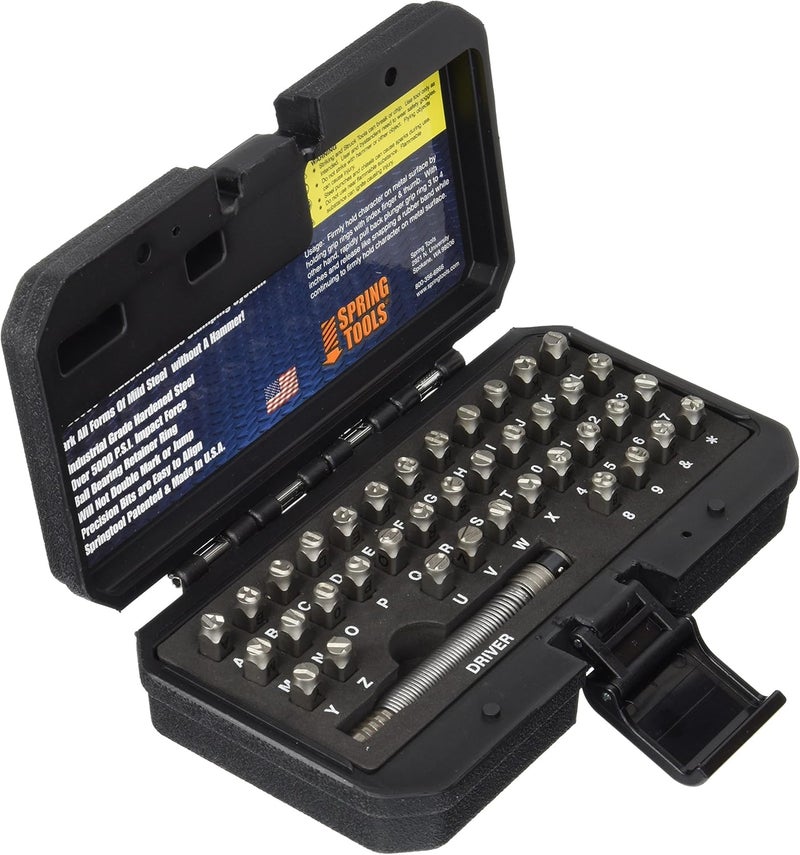 Spring Tools HDIDS609 Hammerless Metal Stamping Kit, 1/4" 39-Piece Alphanumeric Steel Stamps, 5000 LBS Force, A-Z, 0-9, Heavy-Duty Case, USA-Made, Number and Letter Punch - Image 1