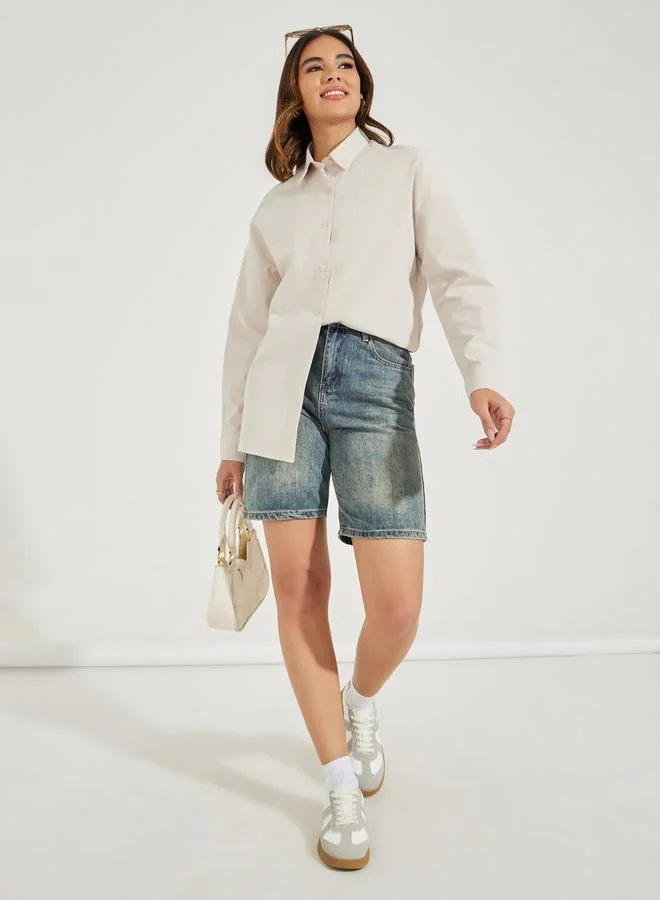 Styli Solid Longline Shirt with Button Placket