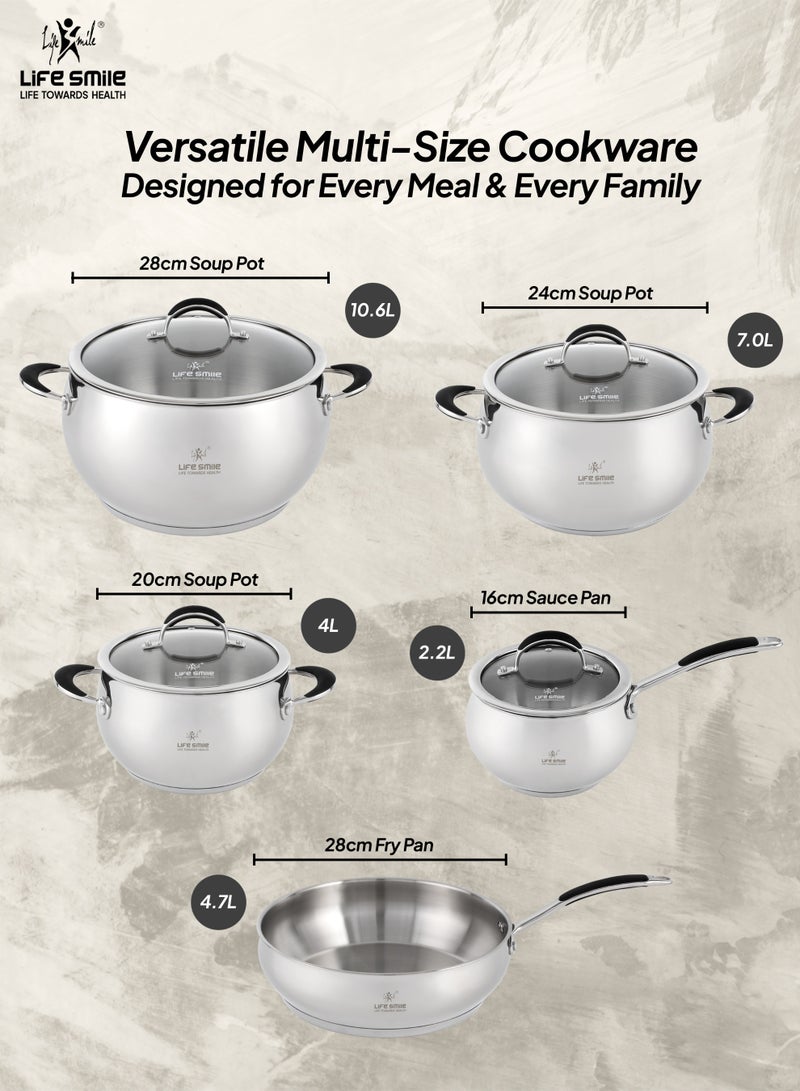 Life Smile 9Pcs 18/10 Stainless Steel Cookware Set – Premium Cookwares, Kitchen Cooking Pots & pan Set- Non Stick Cookwares Includes,Casseroles (20/24/28cm) with Lids ,16cm Sauce pan with Lid& 28cm Fry Pan - Image 3