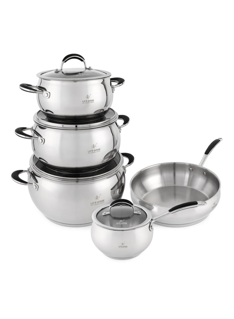 Life Smile 9Pcs 18/10 Stainless Steel Cookware Set – Premium Cookwares, Kitchen Cooking Pots & pan Set- Non Stick Cookwares Includes,Casseroles (20/24/28cm) with Lids ,16cm Sauce pan with Lid& 28cm Fry Pan - Image 1