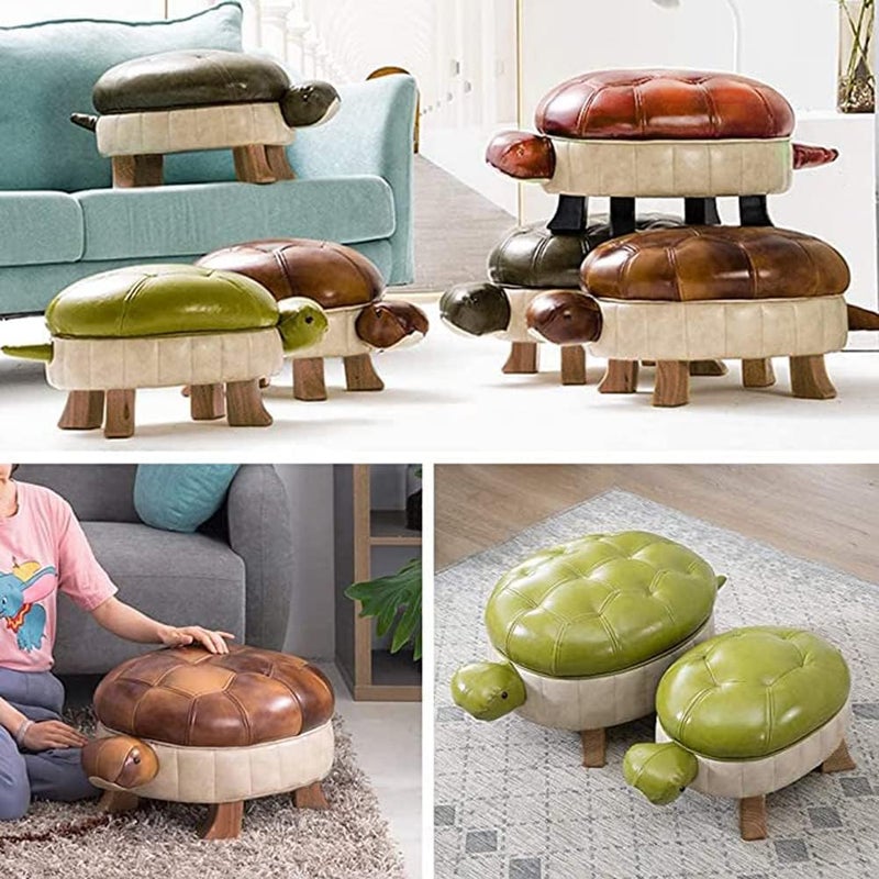 Kelendle Animal Footstool Turtle Upholstered Ottoman PU Leather Pouf Wood Foot Stool Rest for Living Room Bedroom Sofa Bench Seat Chair, Grass (Large, Green) - Image 3