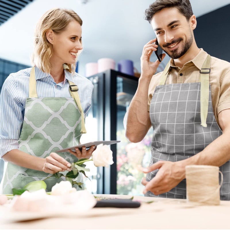 NLUS 2 Pack Kitchen Cooking Aprons  Adjustable Bib Waterproof Chef Apron with 2 Pockets for Men Women(Green Plaid/Grey Plaid) - Image 2