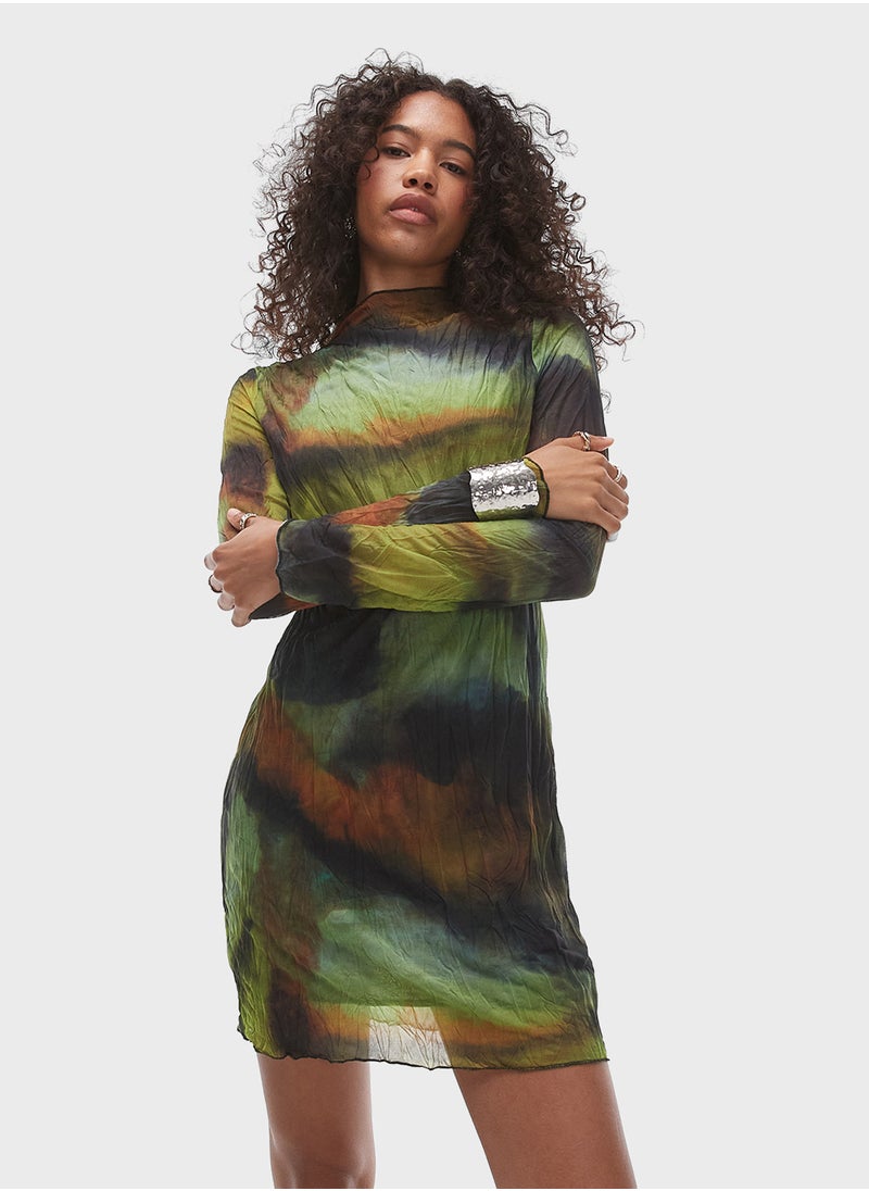 TOPSHOP - Topshop long sleeve mesh midi dress in grunge prin - Image 1