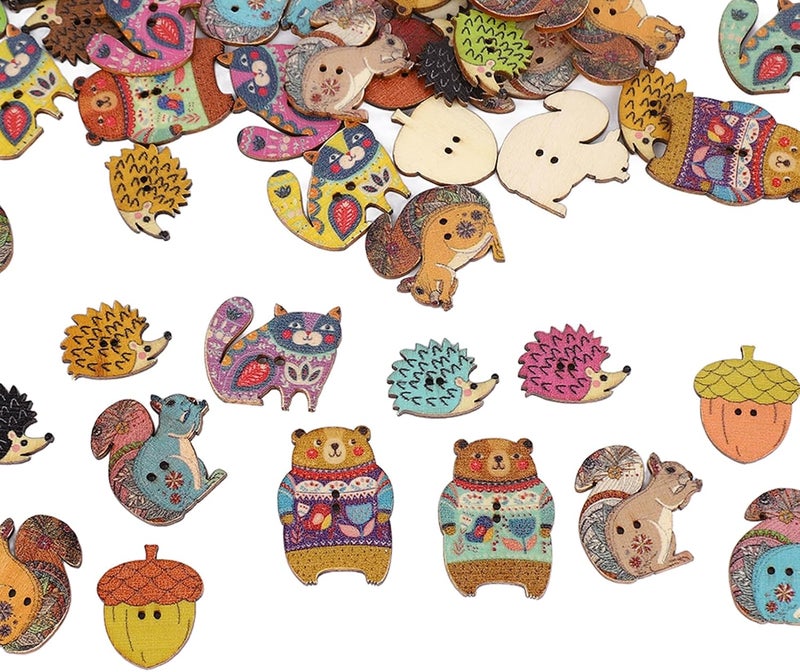 HEEPDD Craft Buttons 1.2in Long Wooden Retro Animal Style for Sewing DIY Decoration, 100 Pieces Pinewood (Animals Style 100Pcs) - Image 4