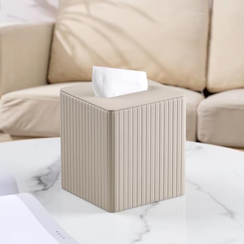 MEIBOOCH PU Leather Tissue Box Cover Square Tissue Box Holder with Magnetic Closure (Beige Stripe) - Image 2