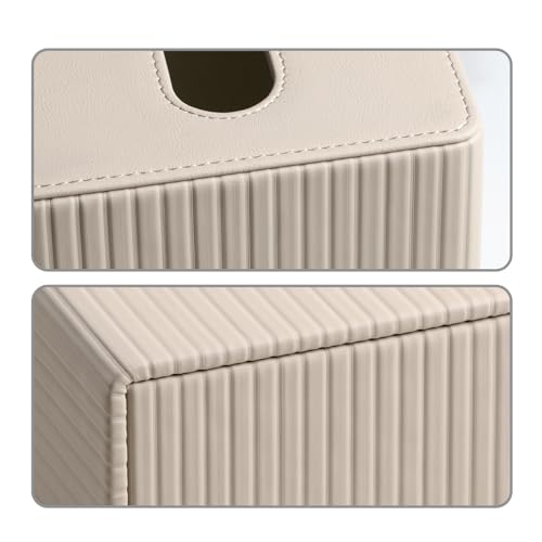 MEIBOOCH PU Leather Tissue Box Cover Square Tissue Box Holder with Magnetic Closure (Beige Stripe) - Image 4