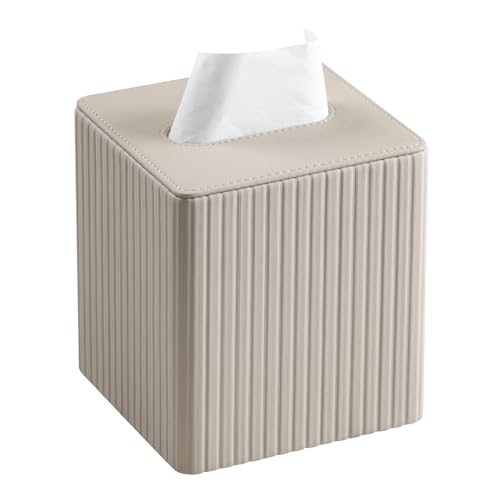 MEIBOOCH PU Leather Tissue Box Cover Square Tissue Box Holder with Magnetic Closure (Beige Stripe) - Image 1