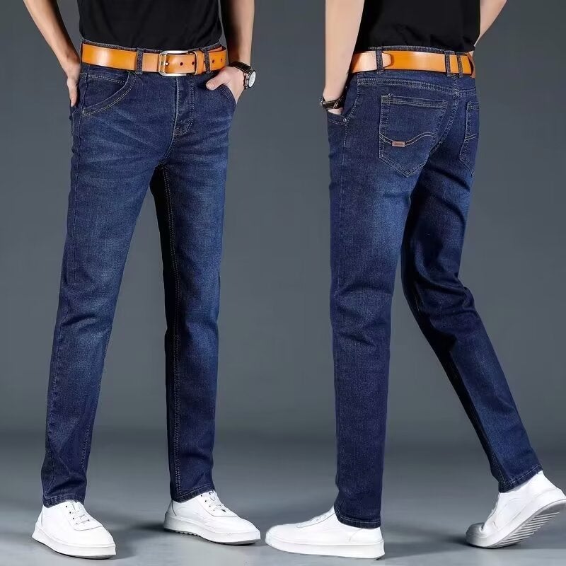 Mens jeans autumn and winter fleece-lined loose straight simple thick warm casual long pants stretch wholesale explosions cross-border Blue regular - Image 1