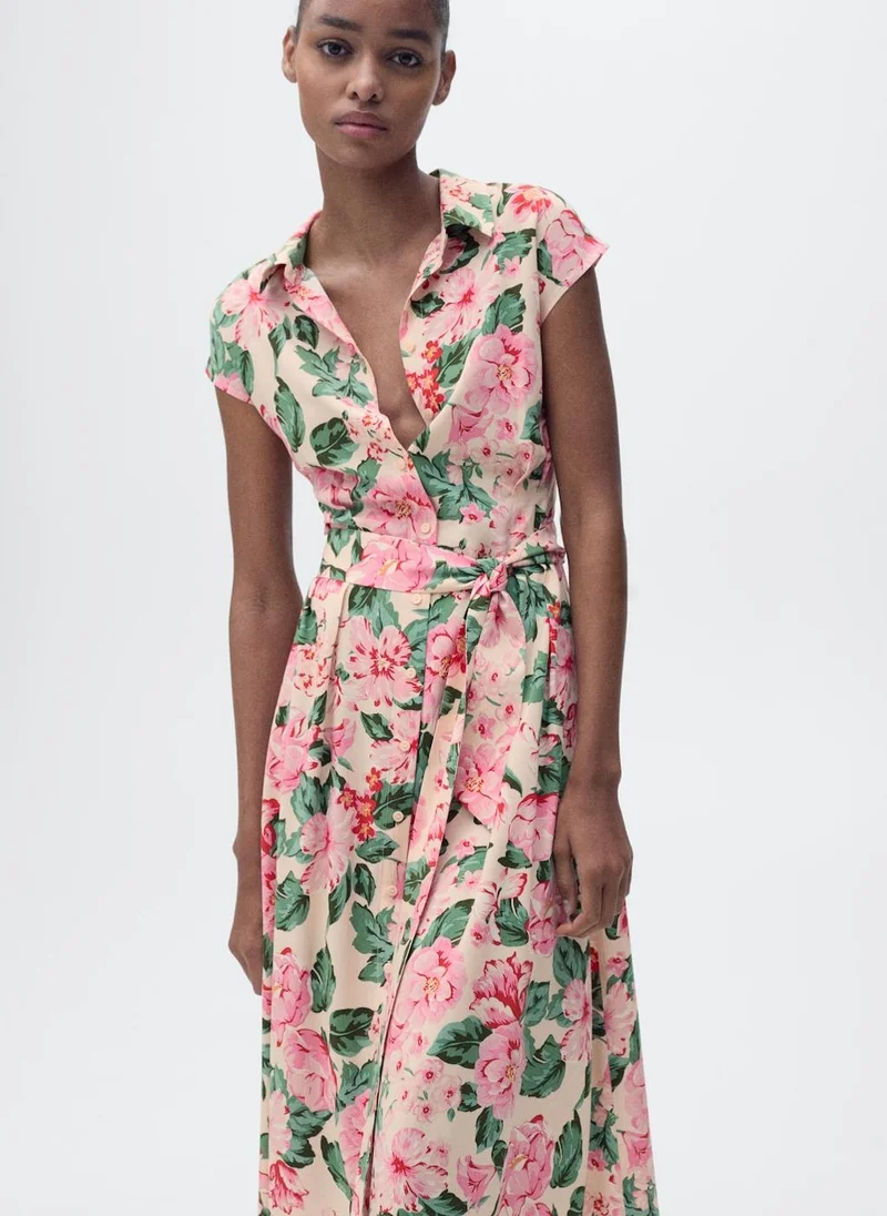 مانجو Floral Belted Shirtdress