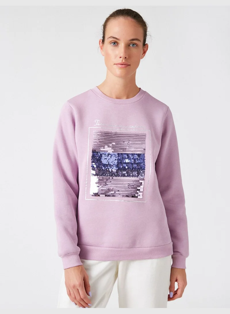 KOTON Crew Neck Sequinned Letter Printed Sweatshirt