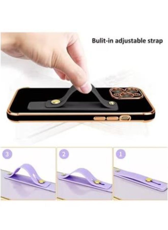 Haokang Case for iPhone 14 Soft TPU Black Plating with Adjustable Wristband Kickstand Slim Thin Cover Anti Scratch Shockproof Protective Case for Women Girls - Image 2