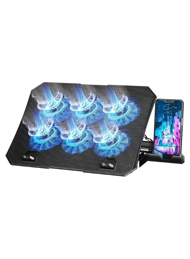 ICE COOREL Laptop Cooling Pad with Phone Holder, 6 Quiet Fans for 12-18 Inch Gaming & Work Laptops, Adjustable Height Bracket, 2 USB Ports, Blue LED, Ergonomic Laptop Cooler Stand - Image 1
