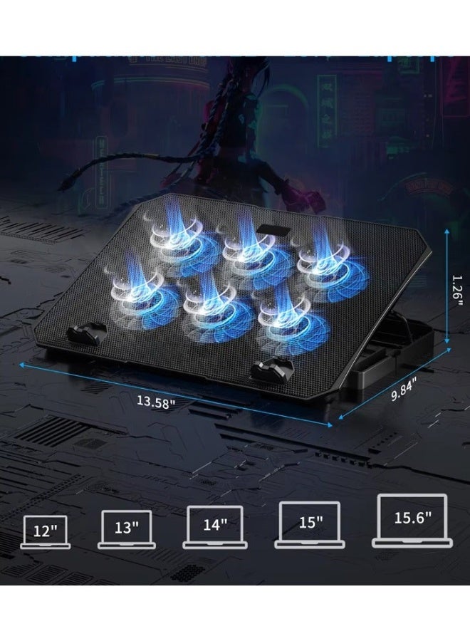 ICE COOREL Laptop Cooling Pad with Phone Holder, 6 Quiet Fans for 12-18 Inch Gaming & Work Laptops, Adjustable Height Bracket, 2 USB Ports, Blue LED, Ergonomic Laptop Cooler Stand - Image 2