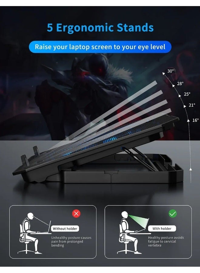 ICE COOREL Laptop Cooling Pad with Phone Holder, 6 Quiet Fans for 12-18 Inch Gaming & Work Laptops, Adjustable Height Bracket, 2 USB Ports, Blue LED, Ergonomic Laptop Cooler Stand - Image 3