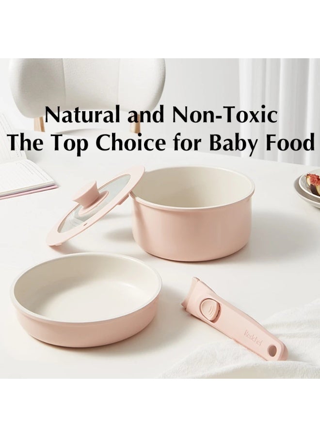 Redchef طقم أواني طهي ريدشيف غير لاصقة من السيراميك الصخري بمقابض قابلة للإزالة، 4 قطع، خالية من مركبات PFAS وPTFE وPFOA، متوافقة مع جميع أنواع المواقد (أبيض) - Image 3