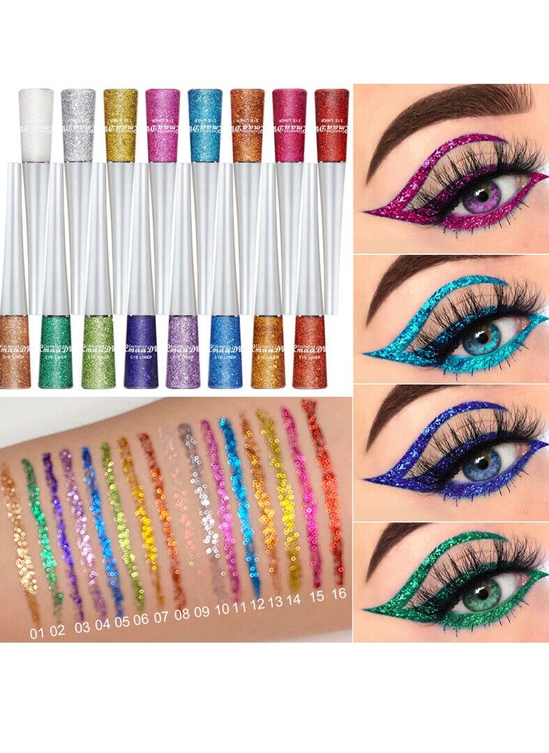 ZGTS - Glitter Colors Pen Set Metallic Shimmer Eyeshadow Eyebrow Liquid Long Lasting Waterproof Face Lips Art for Party Festival Makeup 16 Colors Set - Image 1