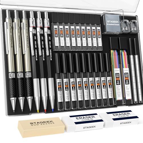STAGEEK Mechanical Pencil Set with Case 34 Count Drawing Pencils 05 07 09MM 3PCS 2MM Sketching Pencils with 384PCS Lead Refills 6B 4B 2B HB 2H 4H Color for Artist Drafting Drawing Writing - Image 1