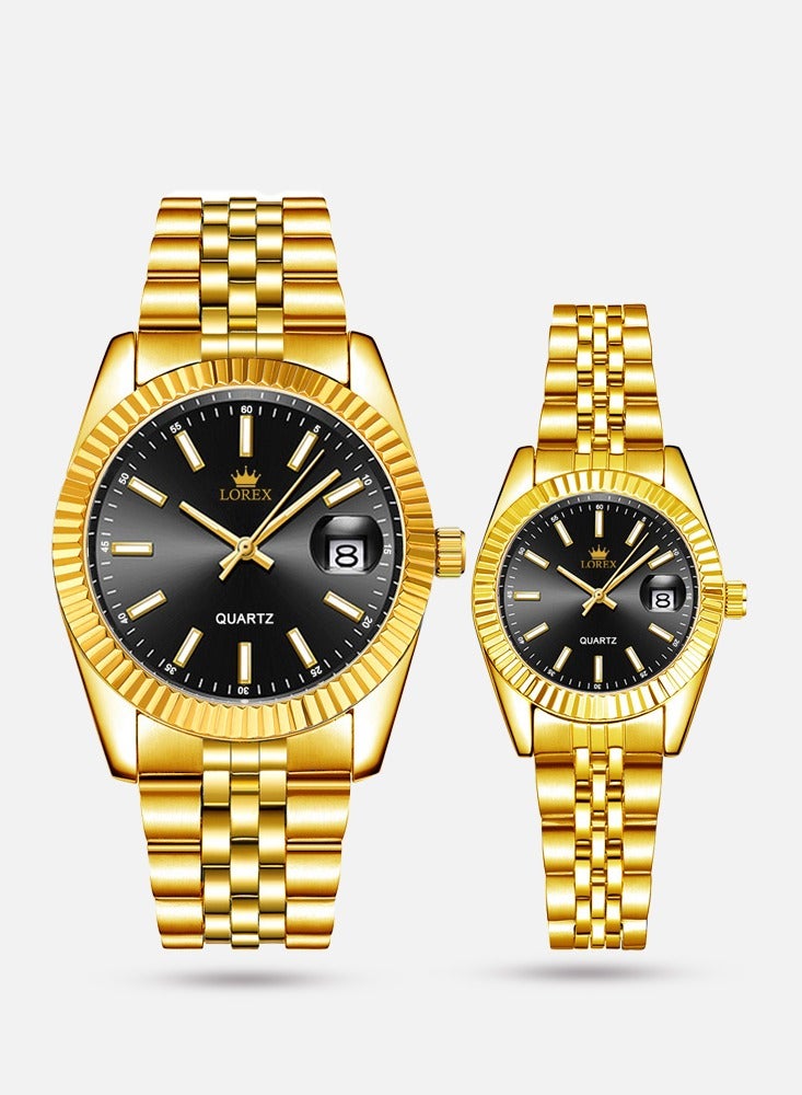 لوركس طقم ساعتين للرجل والمرأة بحزام بلون ذهبي ميناء اسود مقاومة للماء 100% - Image 1