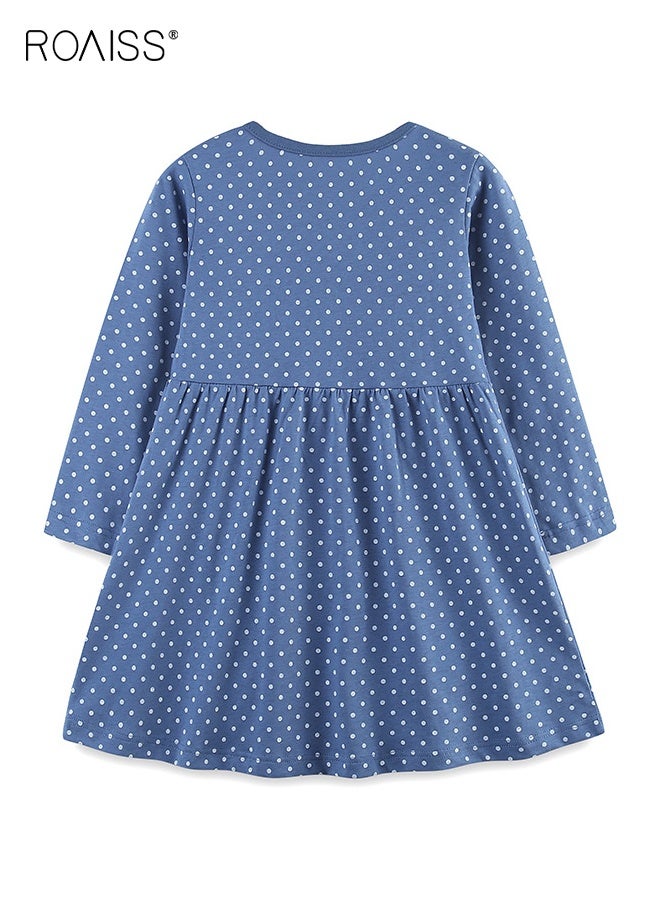 roaiss Girls Stylish Dress, Long Sleeve A-line Dress, Polka Dots Cotton Dress, Fancy Dress with Cartoon Patterns and Front Buttons, Suitable for Daily Wear and Outdoor Activities - Image 2