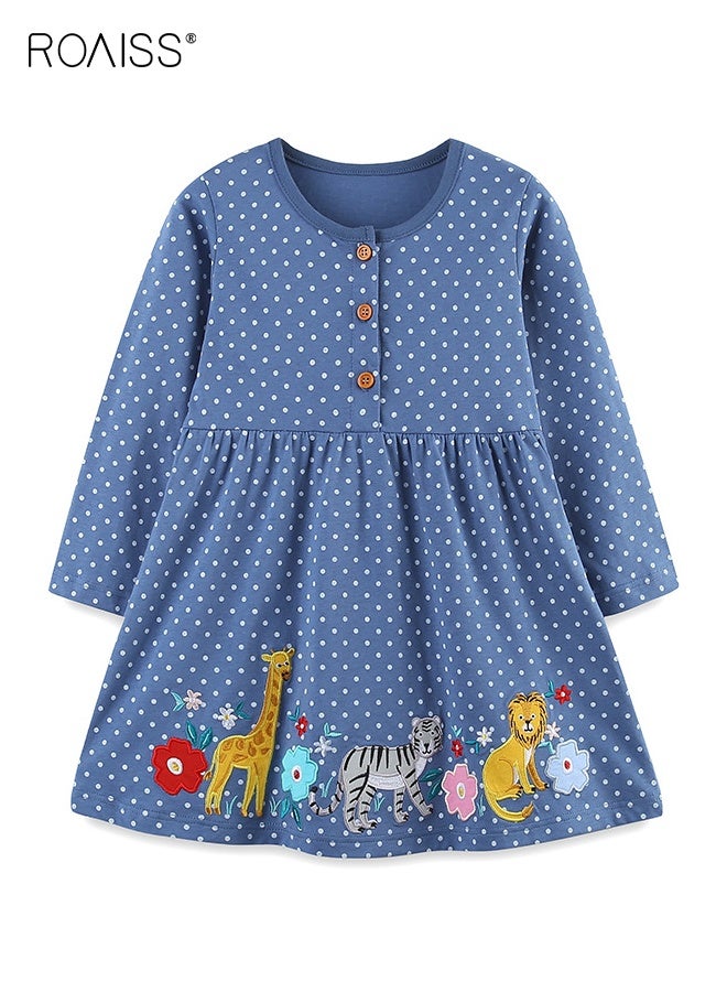 roaiss Girls Stylish Dress, Long Sleeve A-line Dress, Polka Dots Cotton Dress, Fancy Dress with Cartoon Patterns and Front Buttons, Suitable for Daily Wear and Outdoor Activities - Image 1