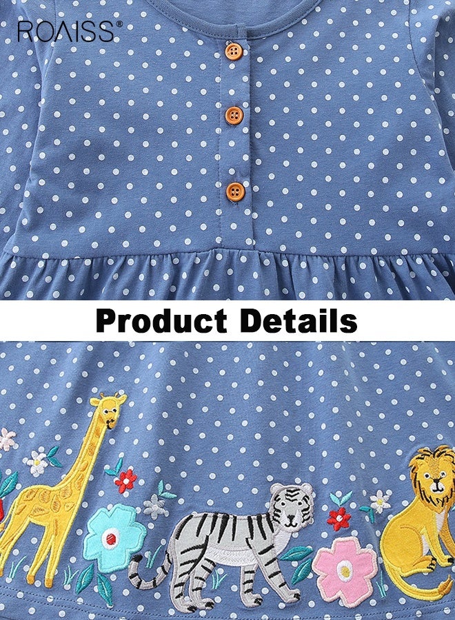 roaiss Girls Stylish Dress, Long Sleeve A-line Dress, Polka Dots Cotton Dress, Fancy Dress with Cartoon Patterns and Front Buttons, Suitable for Daily Wear and Outdoor Activities - Image 3