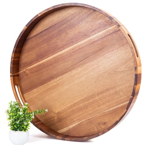 Decent Vrvege Extra Large Round Ottoman Coffee Table Tray, 22" Big Kitchen Serving Trays for Huge Ottoman Counter Giant Decorative Organizer, Huge Wood Serveware Tray with Built-in Handle for Big Job - Image 1
