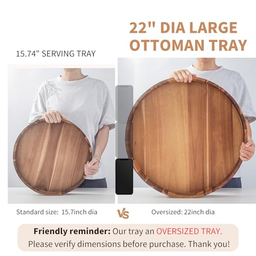 Decent Vrvege Extra Large Round Ottoman Coffee Table Tray, 22" Big Kitchen Serving Trays for Huge Ottoman Counter Giant Decorative Organizer, Huge Wood Serveware Tray with Built-in Handle for Big Job - Image 2