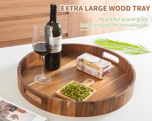 Decent Vrvege Extra Large Round Ottoman Coffee Table Tray, 22" Big Kitchen Serving Trays for Huge Ottoman Counter Giant Decorative Organizer, Huge Wood Serveware Tray with Built-in Handle for Big Job - Image 3