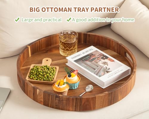 Decent Vrvege Extra Large Round Ottoman Coffee Table Tray, 22" Big Kitchen Serving Trays for Huge Ottoman Counter Giant Decorative Organizer, Huge Wood Serveware Tray with Built-in Handle for Big Job - Image 4