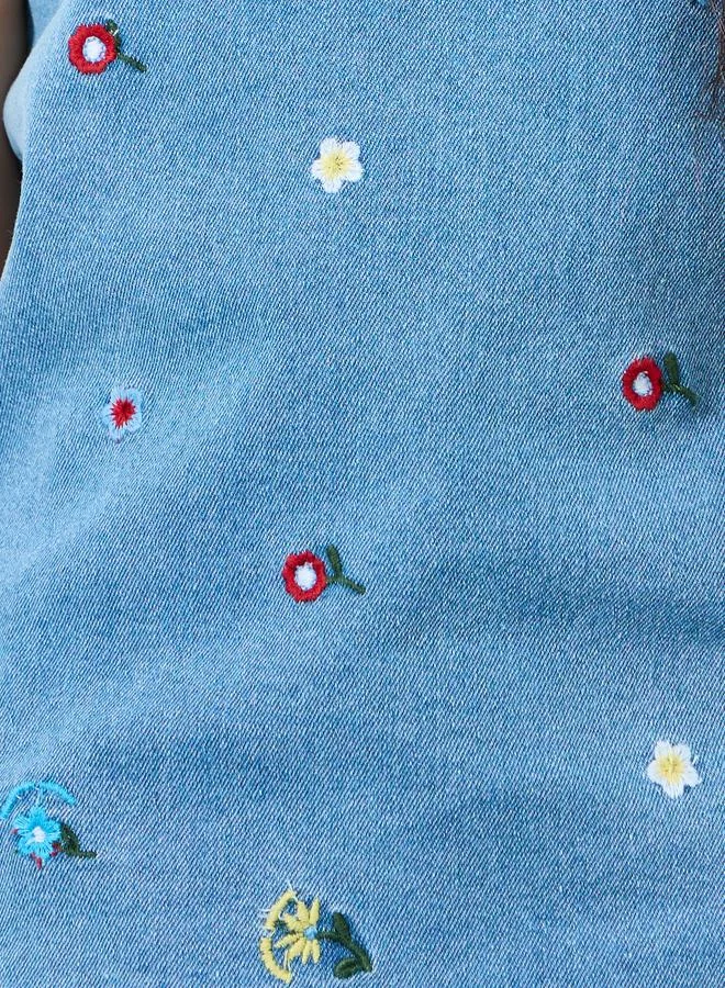 Styli Girls Light Blue Embroidered Denim Sleeveless Top