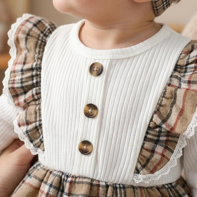 Baby Girl Clothes Long Sleeve Ribbed Top with Plaid Suspender Dress and Bow Headband Infant Outfit Set 3PCS - Image 2