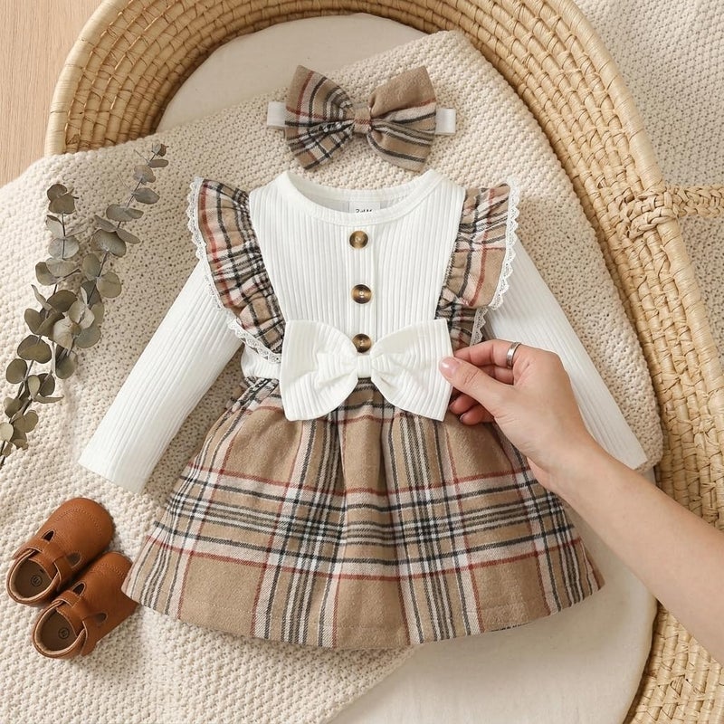 Baby Girl Clothes Long Sleeve Ribbed Top with Plaid Suspender Dress and Bow Headband Infant Outfit Set 3PCS - Image 1