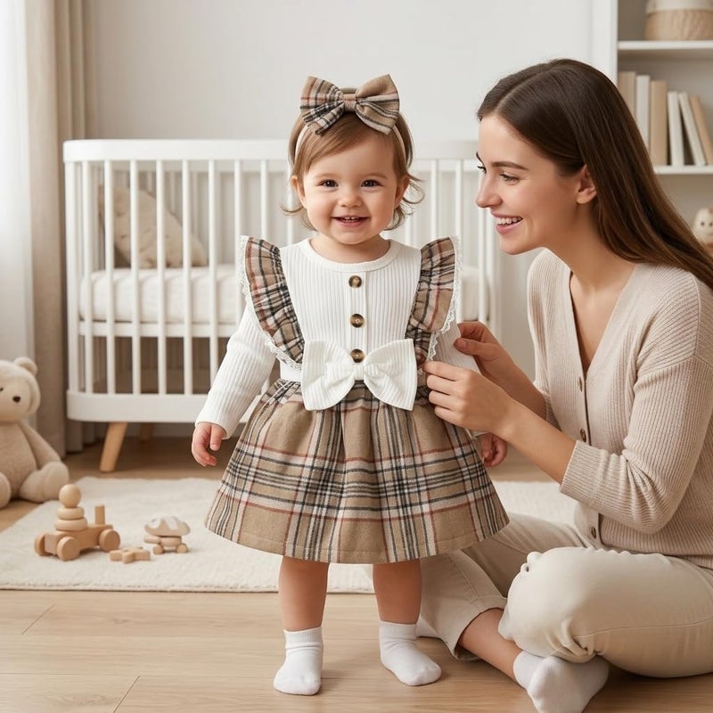 Baby Girl Clothes Long Sleeve Ribbed Top with Plaid Suspender Dress and Bow Headband Infant Outfit Set 3PCS - Image 4