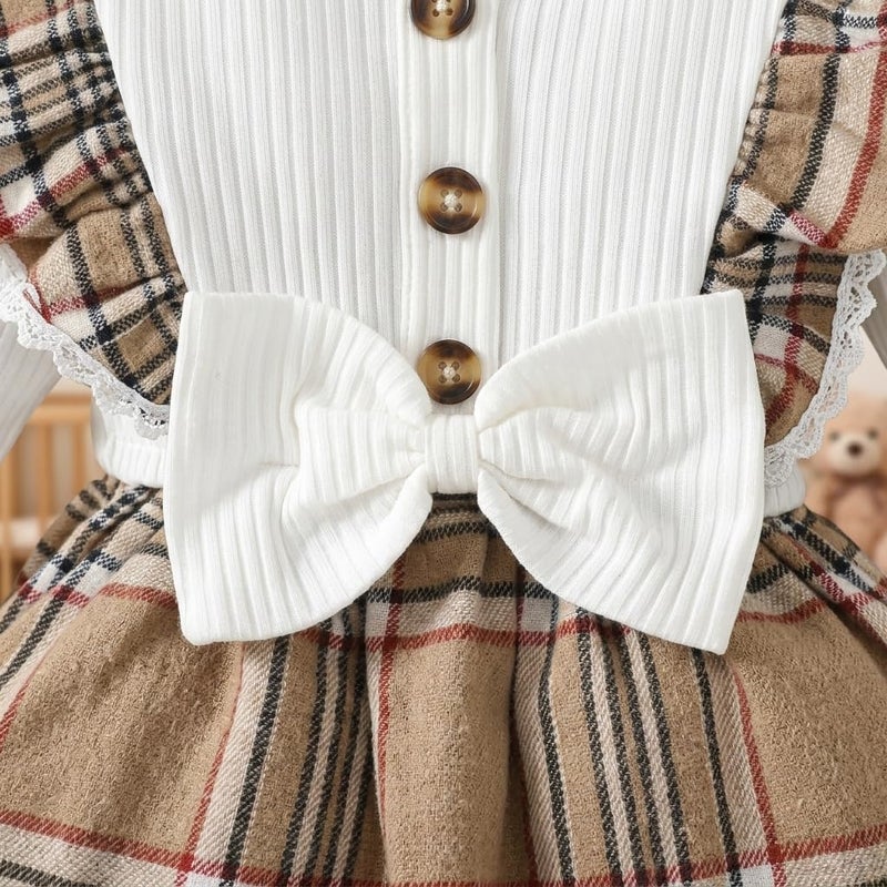 Baby Girl Clothes Long Sleeve Ribbed Top with Plaid Suspender Dress and Bow Headband Infant Outfit Set 3PCS - Image 5