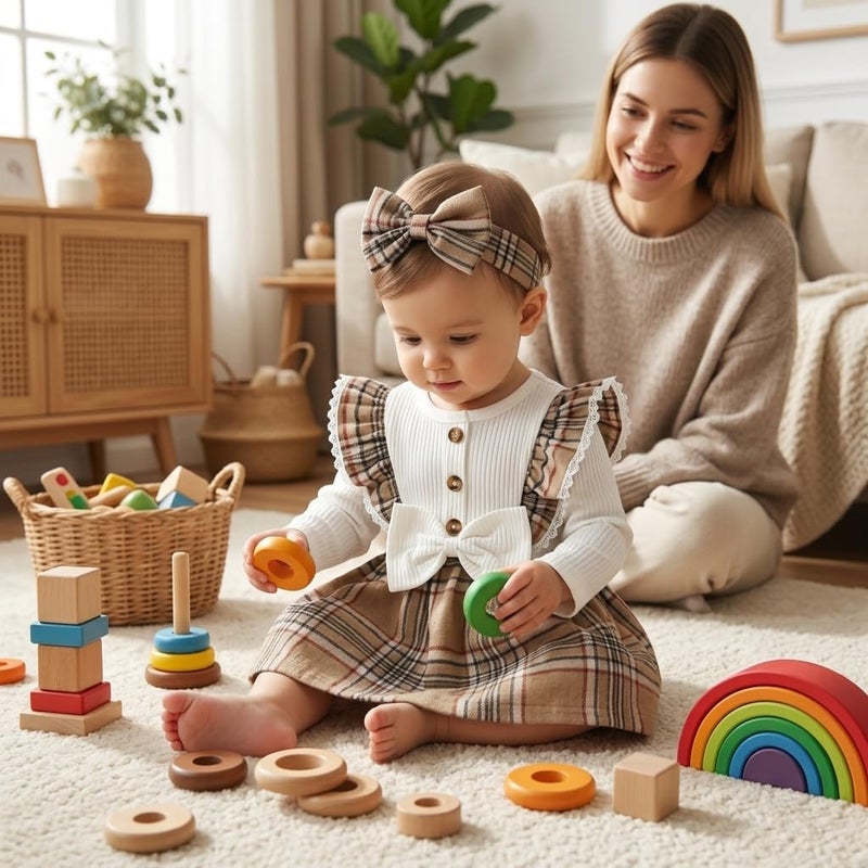 Baby Girl Clothes Long Sleeve Ribbed Top with Plaid Suspender Dress and Bow Headband Infant Outfit Set 3PCS - Image 3