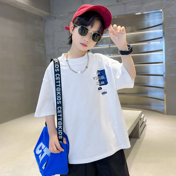 Children'S Clothing Boys' Short-Sleeved T-Shirt Summer Wear 2026 New Style For Older Children Summer Boys' Pure Cotton Top Trendy T-Shirt - Image 1