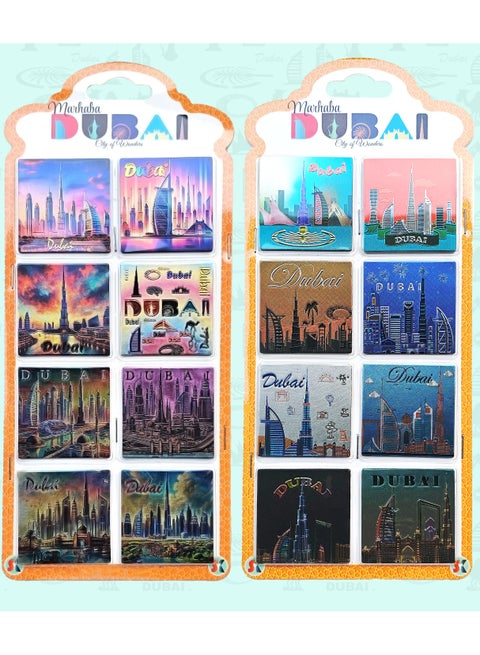 16 pcs  Foil magnets featuring multiple patterns and vibrant Dubai Skylines —perfect as souvenirs, gifts, or home décor.