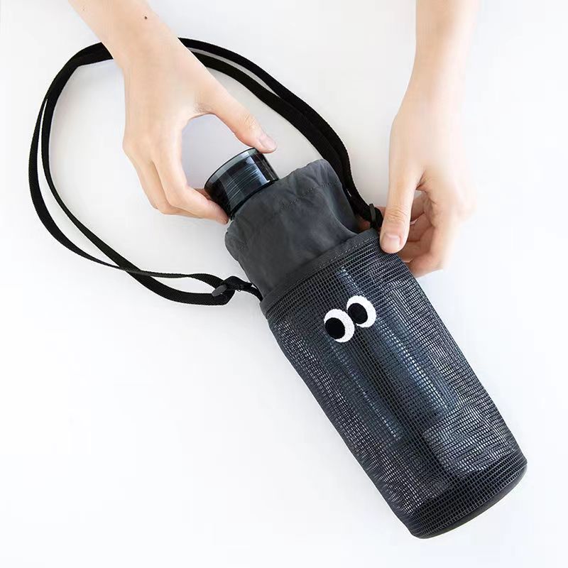 Water Cup Bag Cute Big Eyes Drawstring Bevel Water Cup Bottle Storage Bag Womens Single Shoulder Crossbody Mesh Hollow Small Bag Dark gray 1810# 